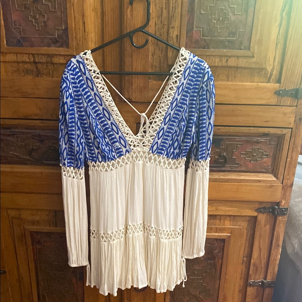 Free People Blue and Cream Long Sleeve Pleated mini dress.
